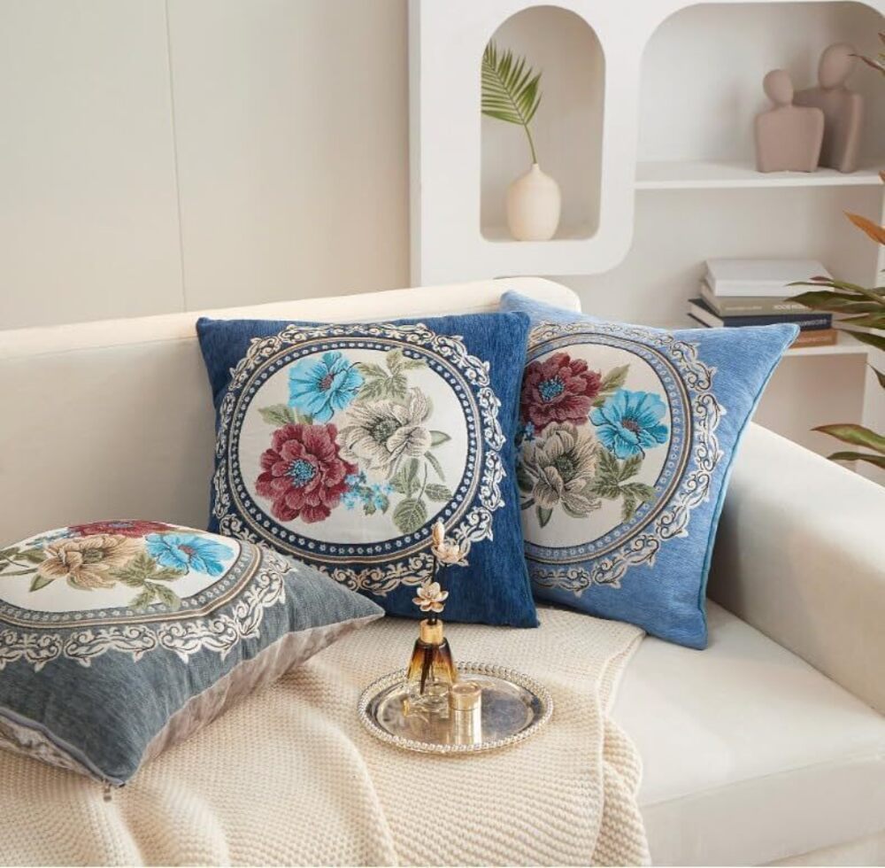 4329 Set of 2 Blue Vintage Embroidered Throw Pillows Covers - Picture 4 of 8
